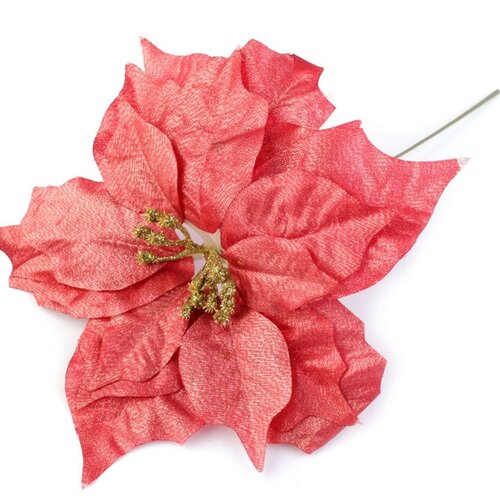 Fleur de noël poinsettia 24cm / rouge clair et lurex or / grosse fleur pour décoration de noël, couronnes de l'avent