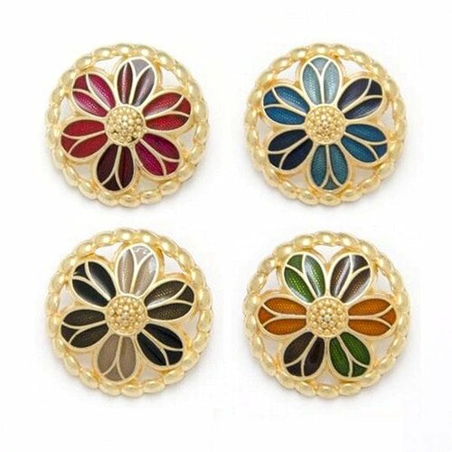 2 boutons bijou émail et métal or 15mm / rouge, bleu, marron, vert / bouton doré avec fleur, bouton bijoux luxe