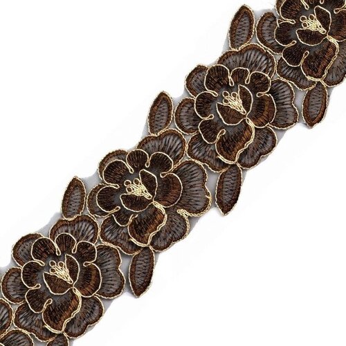 Ruban organza brodé fleurs brun et or 85mm / large ruban broderie lurex en relief, bordure fleurs brodées, ruban festif