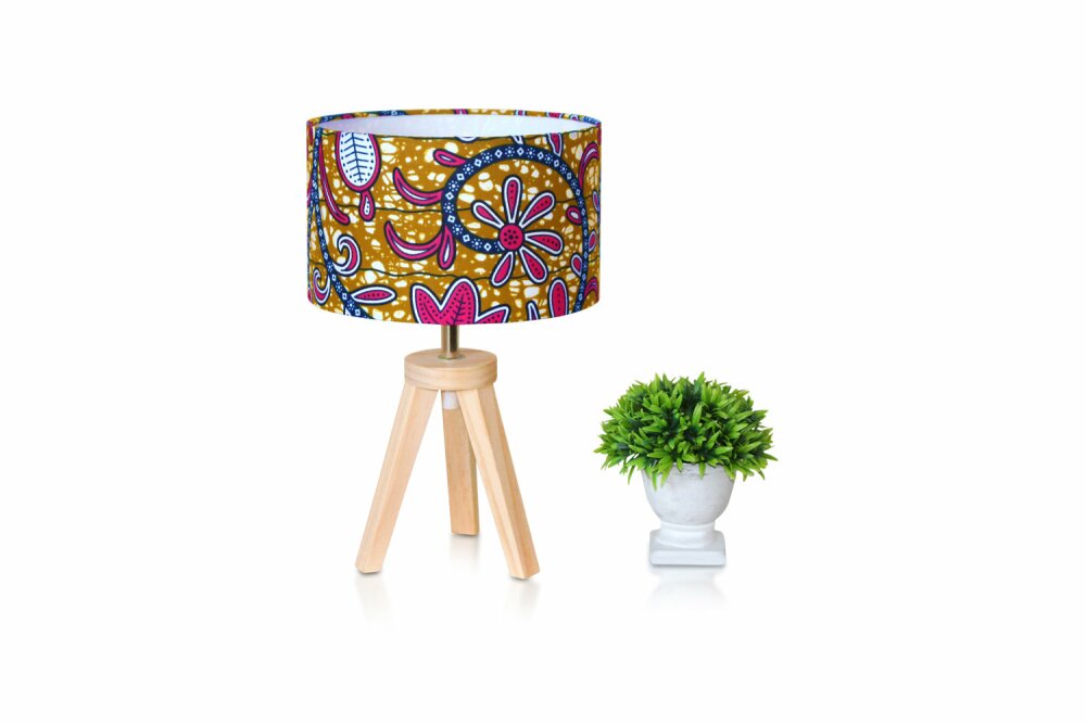 Kizmethat Lampe africaine Lampe de chevet Wax Ankara coloré pagne décoration tissu socle en bois trépied recyclé 220-240V E14 Max 40W 