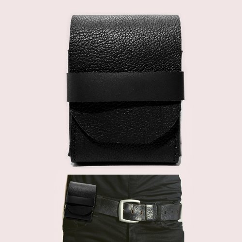 Mini pochette en cuir noir pour ceinture femme homme