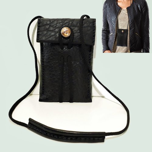 Petit sac tour de cou en cuir noir - mini sac bandoulière pour téléphone portable