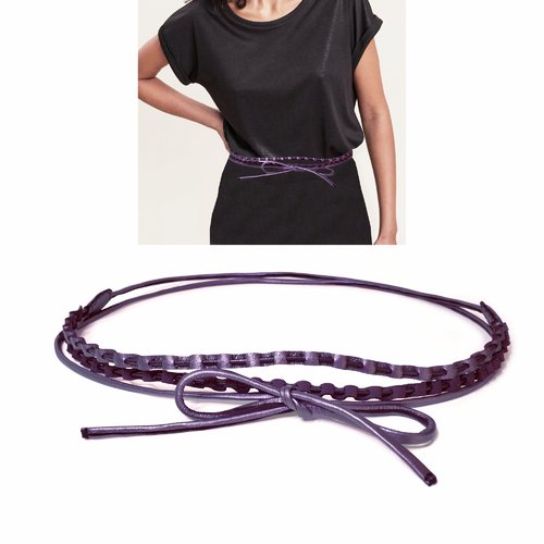 Ceinture fine en cuir violet femme - ceinture à nouer taille unique