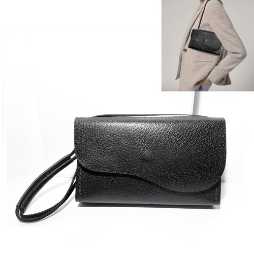 Petit sac en cuir noir pour femme - sac cuir pochette à bandoulière porté épaule