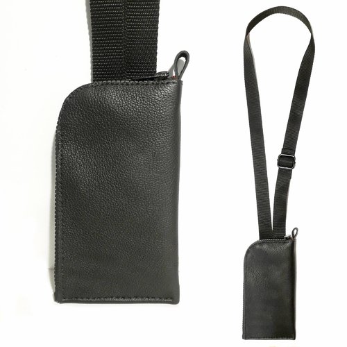 Pochette tour de cou en cuir noir - etui tour de cou pour téléphone portable