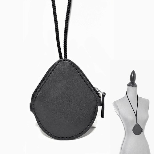 Porte monnaie tour de cou - porte monnaie rond en cuir noir pour femme