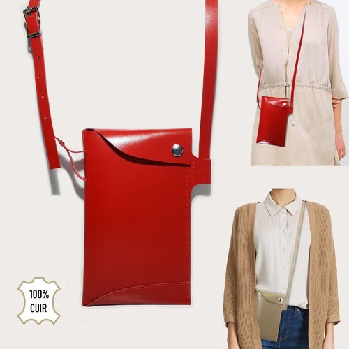 Petit sac original pour téléphone portable - pochette sacoche bandoulière en cuir femme