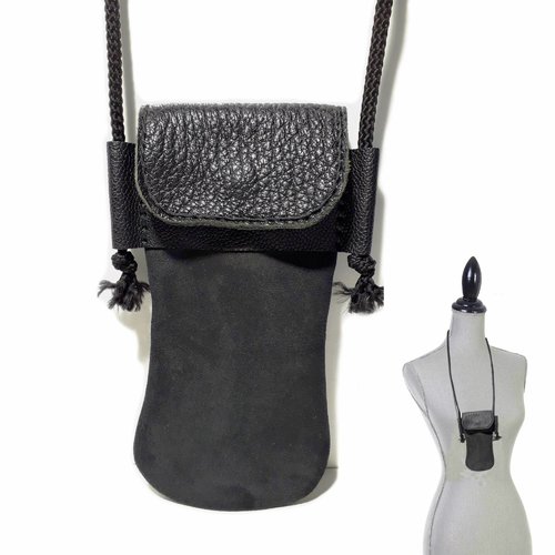 Etui à lunettes tour de cou en cuir noir - pochette à lunettes cuir souple femme