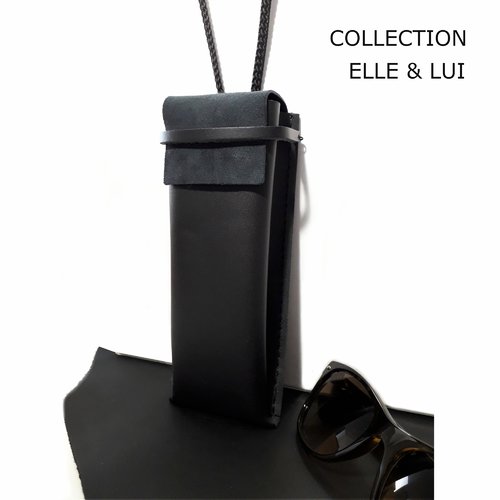 Etui à lunettes tour de cou en cuir noir - pochette à lunettes semi-rigide femme homme