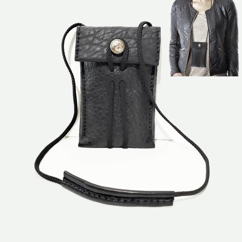 Petit sac tour de cou en cuir noir - mini sac bandoulière pour téléphone portable