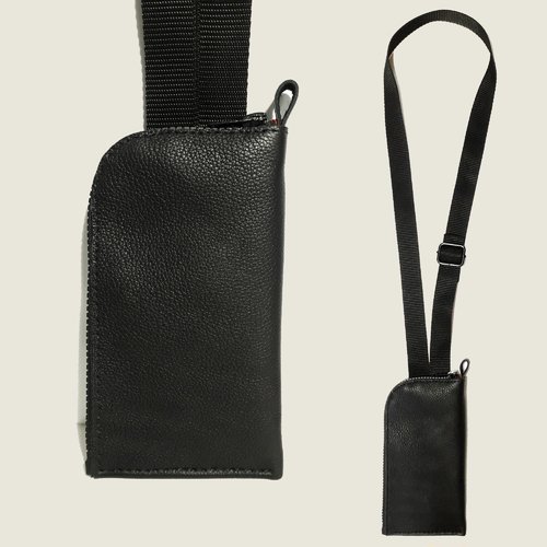 Pochette tour de cou en cuir noir pour téléphone portable et cartes