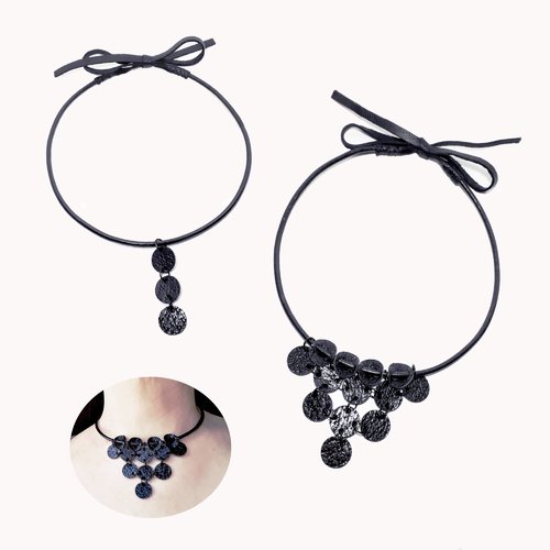 Collier plastron en cuir femme original - ras de cou cuir noir avec sequins