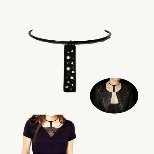 Collier ras de cou à cordon de cuir noir pour femme