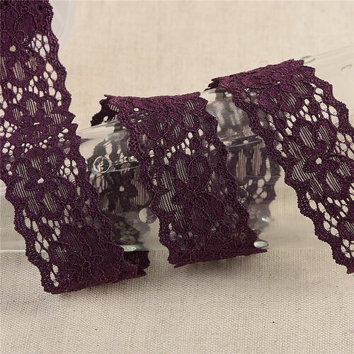 Bobine 15m dentelle élastique fleurs violet 25mm