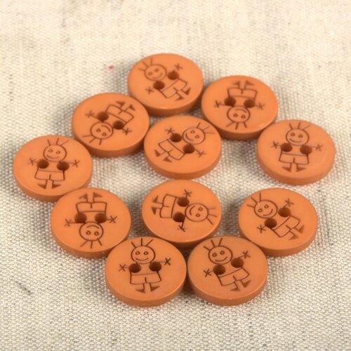 Lot de 6 boutons 2 trous garçon 15mm orange rouille