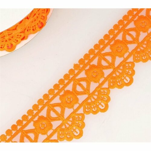 Bobine 13,7m guipure fleur/losange 55 mm orange fluo
