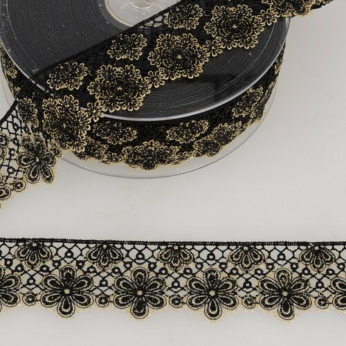 Bobine 14,4m dentelle fleurs bi-ton 33 mm polyester noir et or