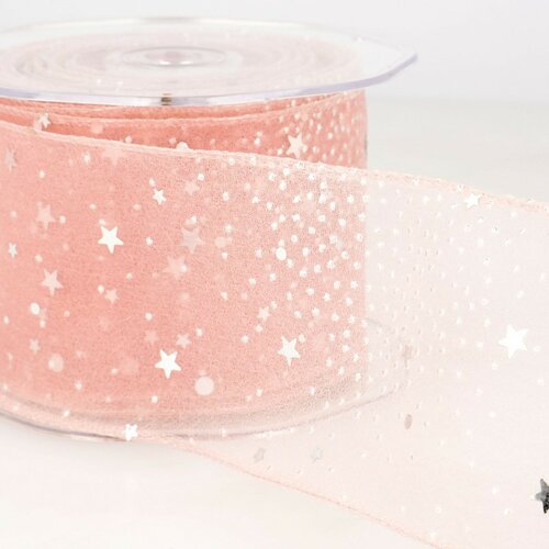 Bobine 10m ruban voile princesse étoiles brillantes 60 mm polyamide rose clair