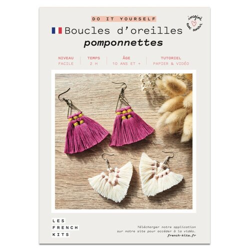 French kits diy macramé  boucles d'oreilles pompons