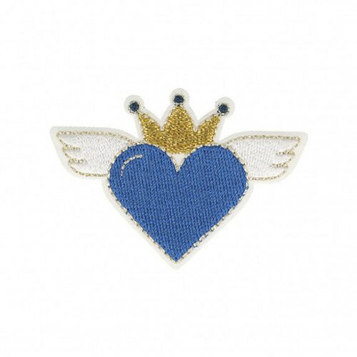 Lot de 3 écussons thermocollants cœur avec ailes bleu 4x6cm
