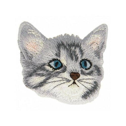 Lot de 3 écussons thermocollants tête de chat gris clair 4 cm x 4 cm