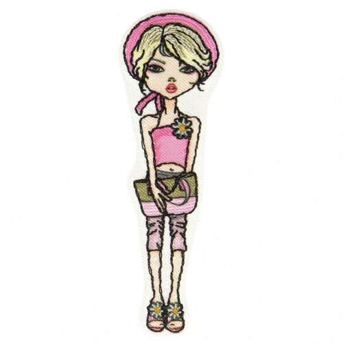 Lot de 3 écussons thermocollants jeune femme blonde à béret rose 6,5 cm x 2 cm