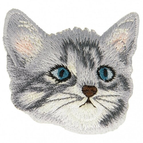 Ecusson thermocollant tête de chat gris clair 4 cm x 4 cm