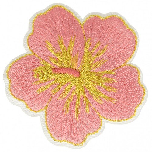 Ecusson thermocollant doré fleur hibiscus rose 4,5 cm x 5 cm