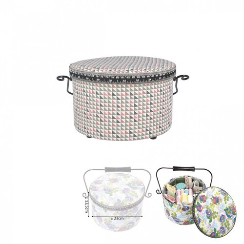Boîte à couture ronde 22x13,5cm petits triangles roses et gris