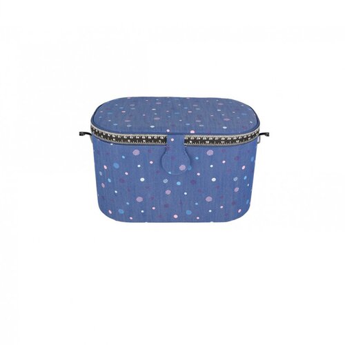 Boîte à couture ovale 21x31x18cm pois muticolores fonds jean