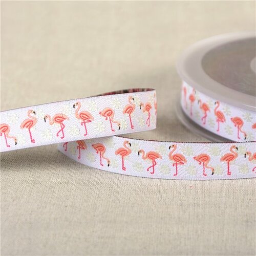 Bobine 15m galon jacquard flamants roses blanc 16mm