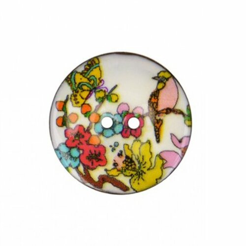 Lot de 6 boutons coco décoré fleurs et oiseau 23mm