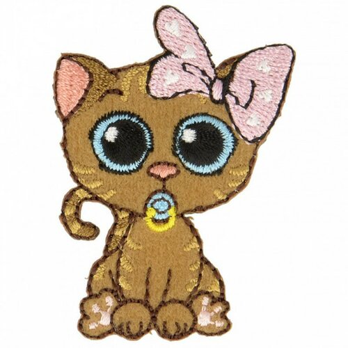 Ecusson thermocollant chat aux gros yeux bébe nœud rose 5 cm x 3,5 cm