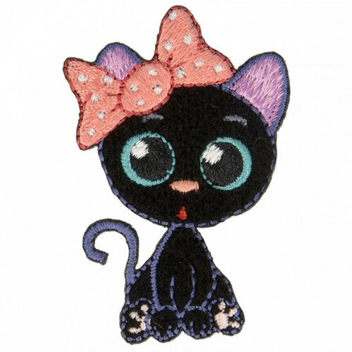 Ecusson thermocollant chat aux gros yeux nœud rouge 5 cm x 3,5 cm