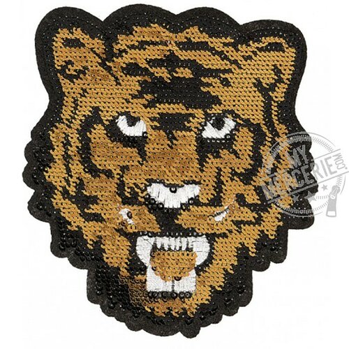 Ecusson thermocollant tigre sequin or grand format 9.5x8.5cm
