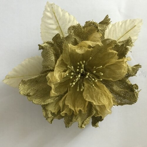Broche fleur vert olive jean organdi et lin 14cm