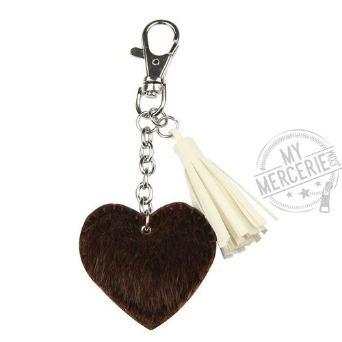Porte-clé coeur en fourrure 11cm - marron et ivoire 568-0548