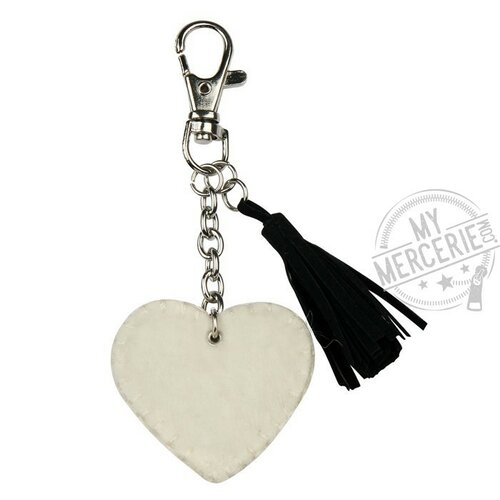 Porte-clé coeur en fourrure 11cm - ivoire et noir 841-0548