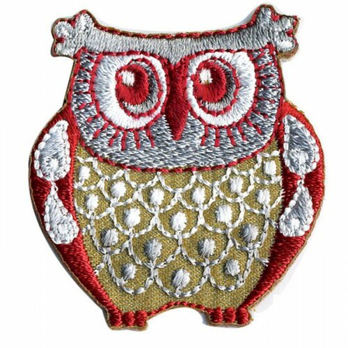 Ecusson thermocollant hibou gris et rouge 4cmx4cm