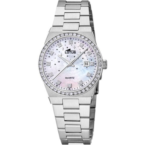 Montre lotus femme acier mat nacré strass étoiles dateur