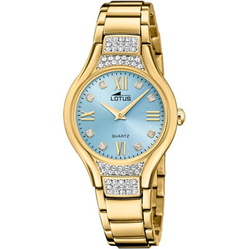 Montre lotus dame acier doré cadran bleu ciel strass