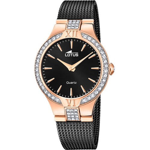 Montre lotus dame acier noir milanais cadran noir strass
