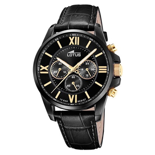 Montre lotus homme cuir noir croco cadran noir doré chrono