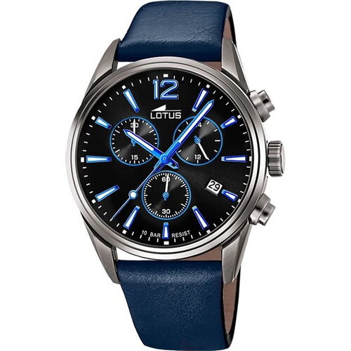 Montre lotus homme cuir bleu cadran noir et bleu chrono