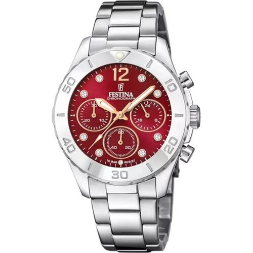 Montre dame festina acier chron cadran bordeaux intérieur strass