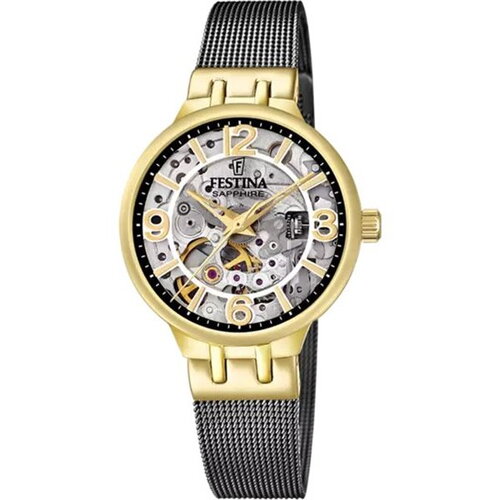 Montre festina femme métal gris doré automatic skeleton