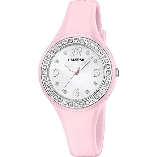 Montre calypso dame bracelet rose fond blanc