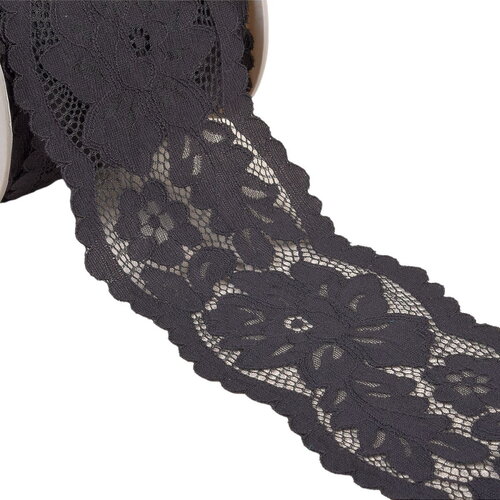 Dentelle élastique entre deux fleurs 110mm noir au mètre