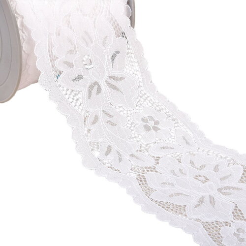 Dentelle élastique entre deux fleurs 110mm blanc au mètre