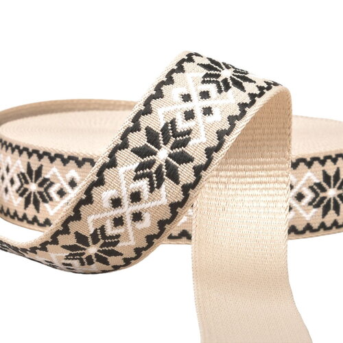 Sangle fleurs ethnique 38mm beige/noir au mètre